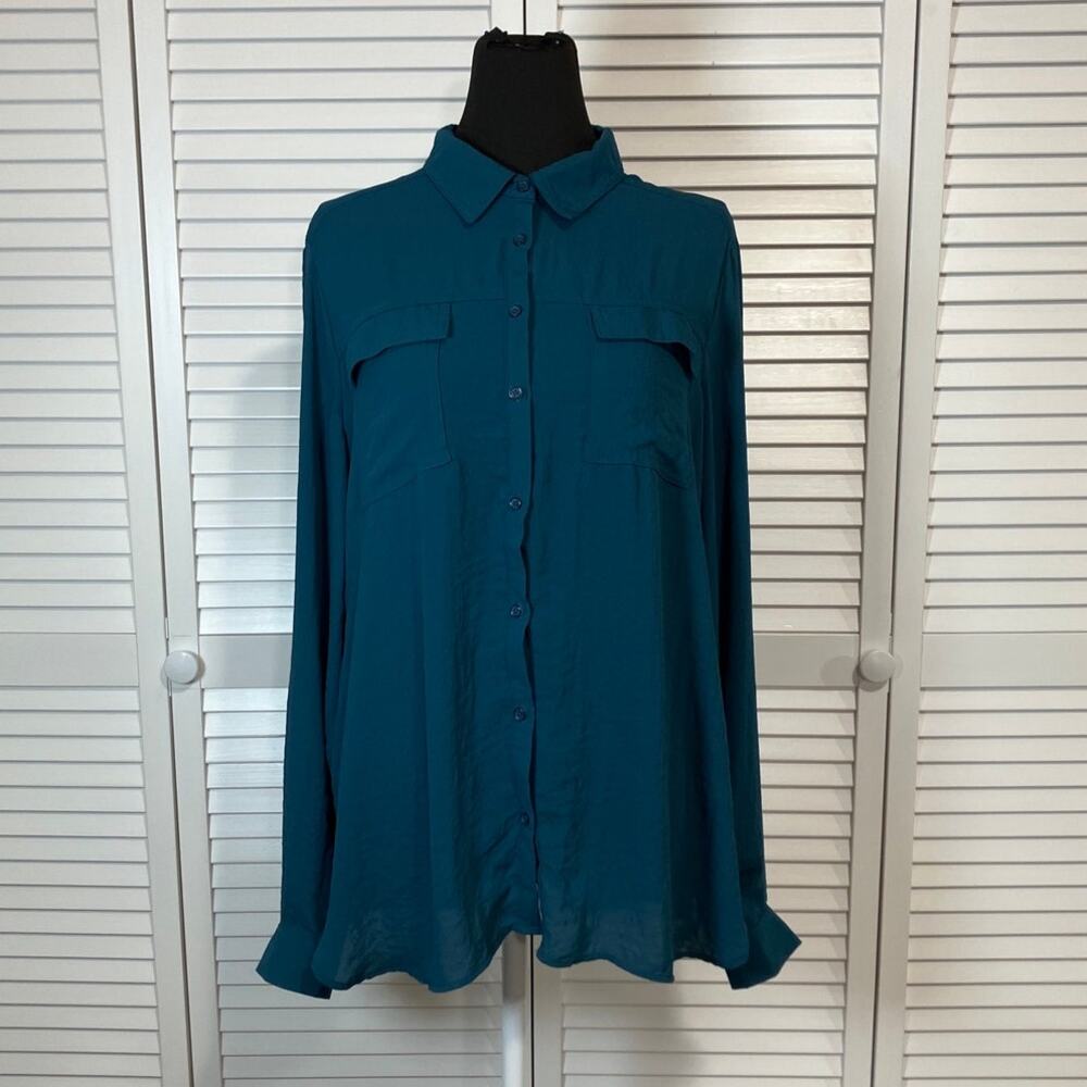 a.n.a. A New Approach Teal Blue Collared Flowy Long Sleeve Tunic Blouse Women XL